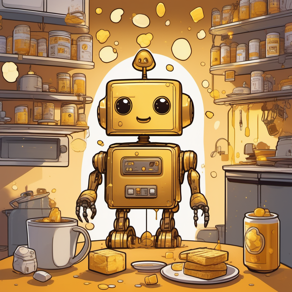 A small golden robot in a kitchen, surrounded by butter and warm light