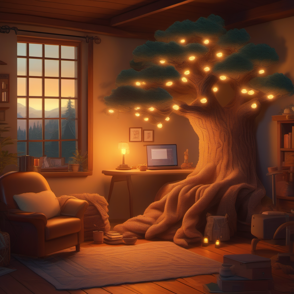 A cozy tree growing indoors with fairy lights, a laptop in the roots, warm amber glow